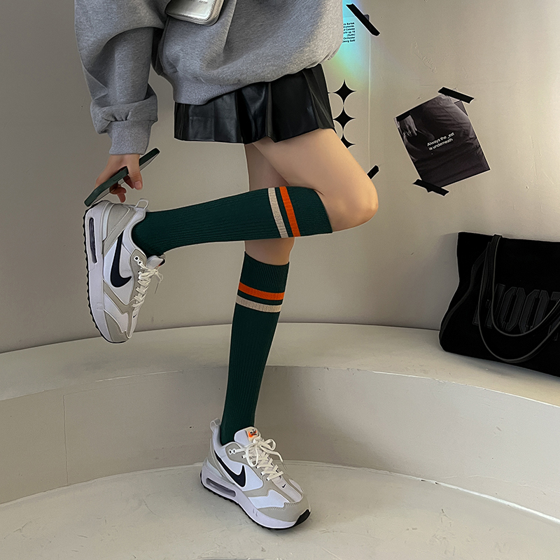 レディースストライプニーハイソックス